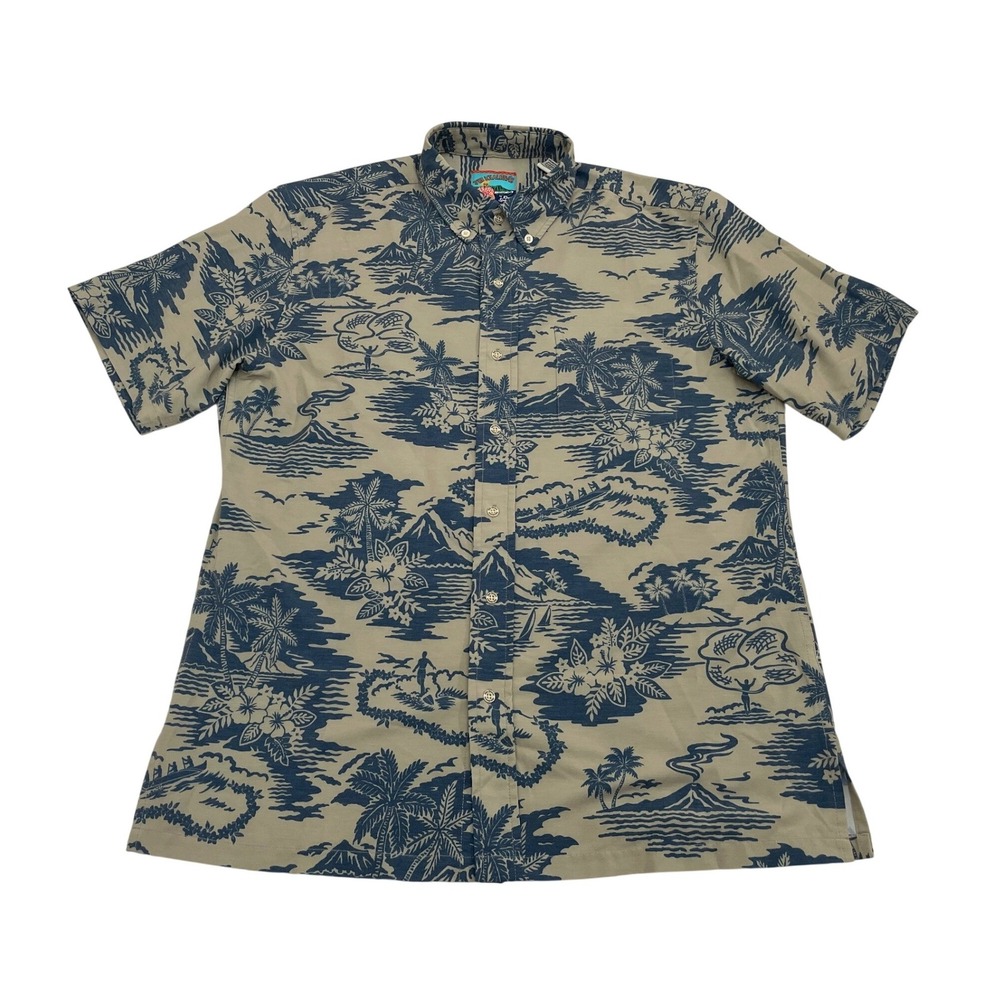Reyn Spooner Joe Kealoha Shirt Mens Medium Tan Blue Hawaiian Palm Tree Floral
